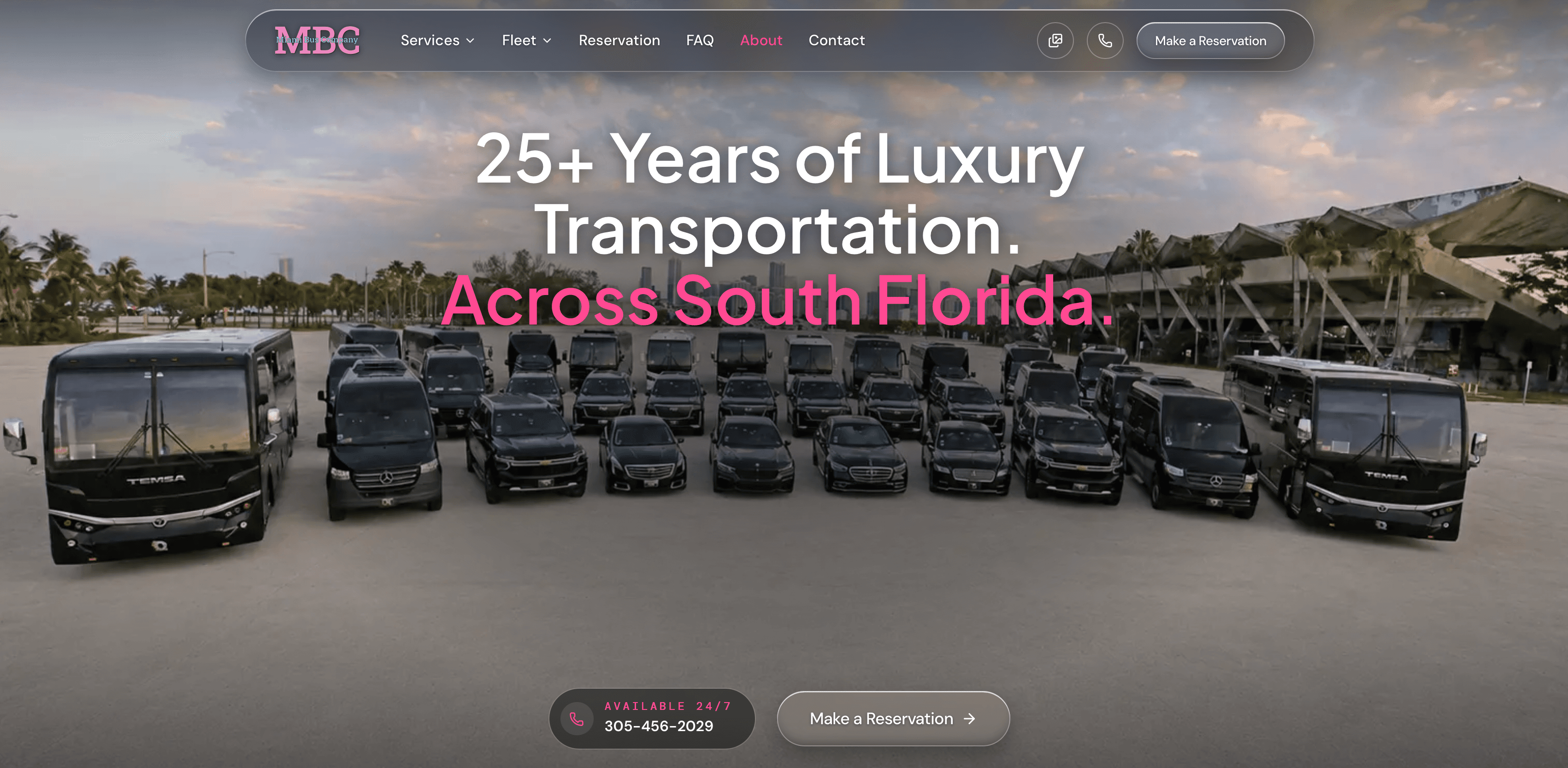 Miami Bus Company website — Homepage hero showing the full fleet lineup of 25 vehicles at the Port of Miami, '25+ Years of Luxury Transportation. Across South Florida.'