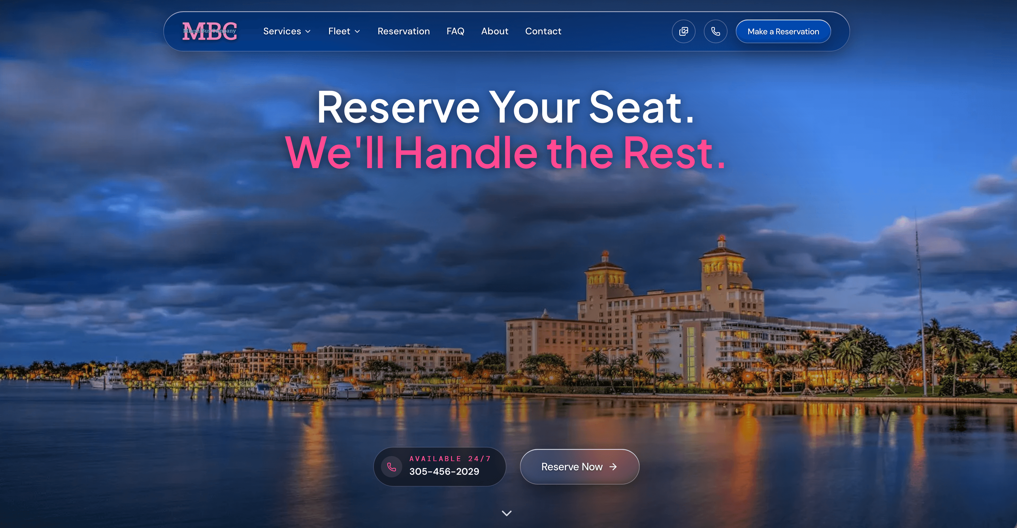 Miami Bus Company website — Reservation page with Miami waterfront hero, custom design built by Growth Choice