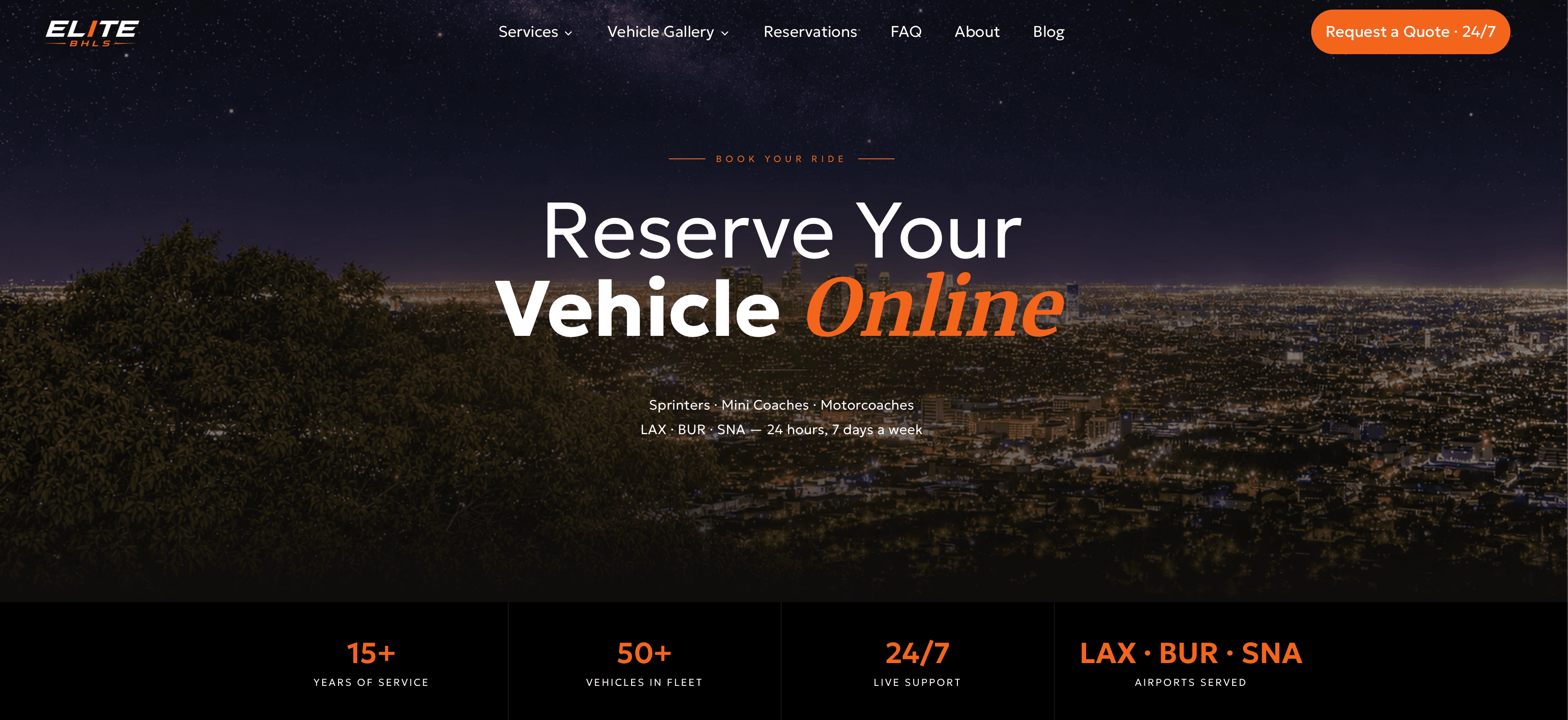Elite Beverly Hills Limousine homepage — custom website designed and built from scratch by Growth Choice, featuring the Los Angeles skyline at night