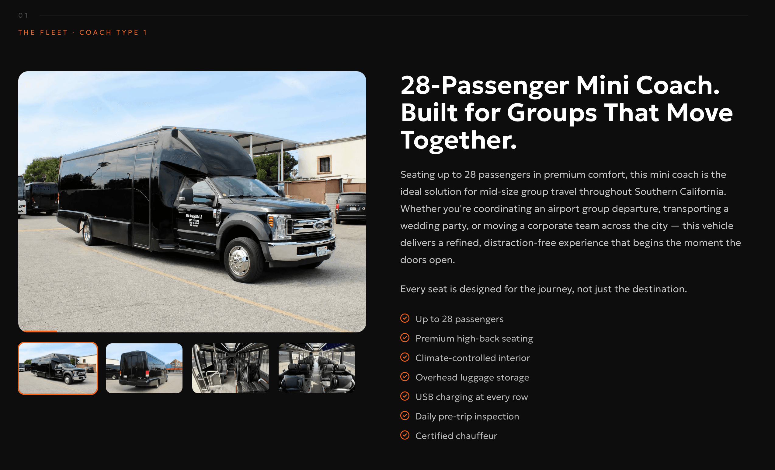 Elite Beverly Hills Limousine fleet page — 28-passenger executive mini coach detail with full specifications, interior photography, and feature checklist, built by Growth Choice