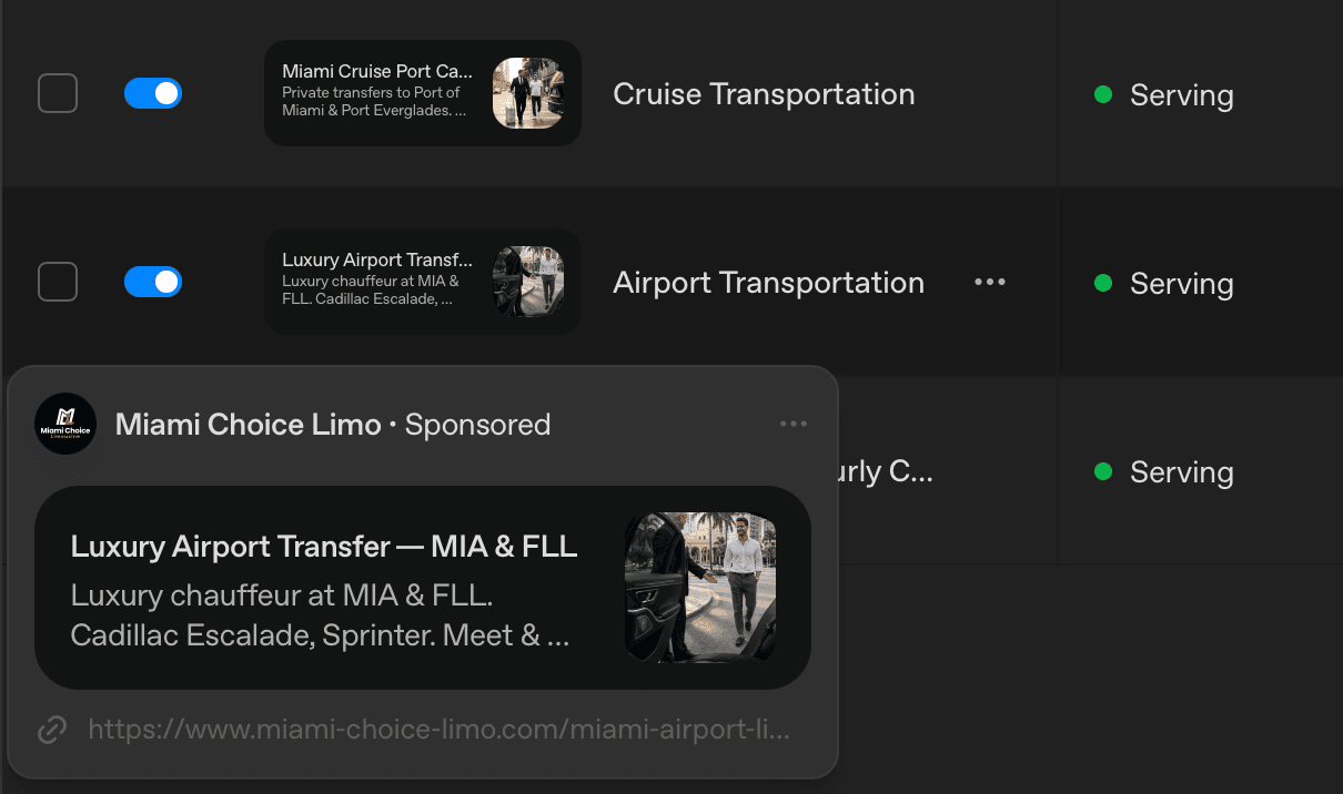 ChatGPT Ads and Google Business Profile strategy for Miami Choice Limo