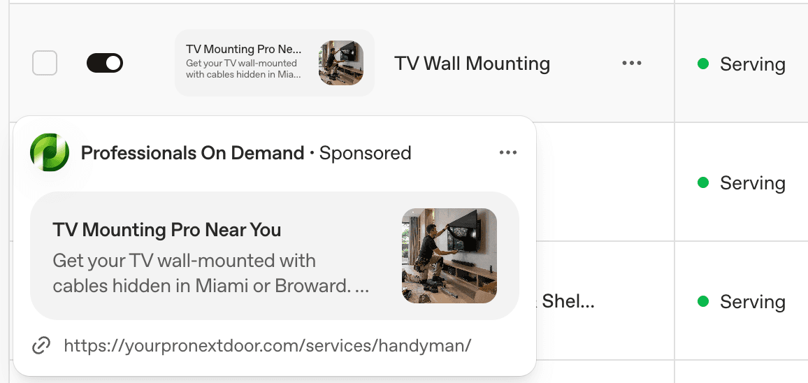 ChatGPT Ads placement — Pro Next Door ad appearing inside a ChatGPT conversation